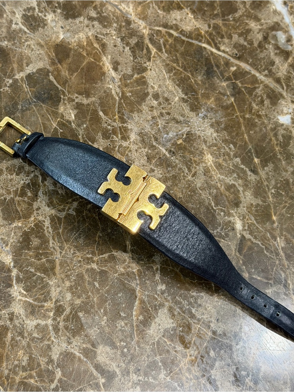 Tory Burch Black Leather Bracelet with Gold Logo Accent